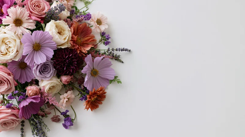 Mixed flowers arranged in a flat lay composition on a white surface with copyspace on the right