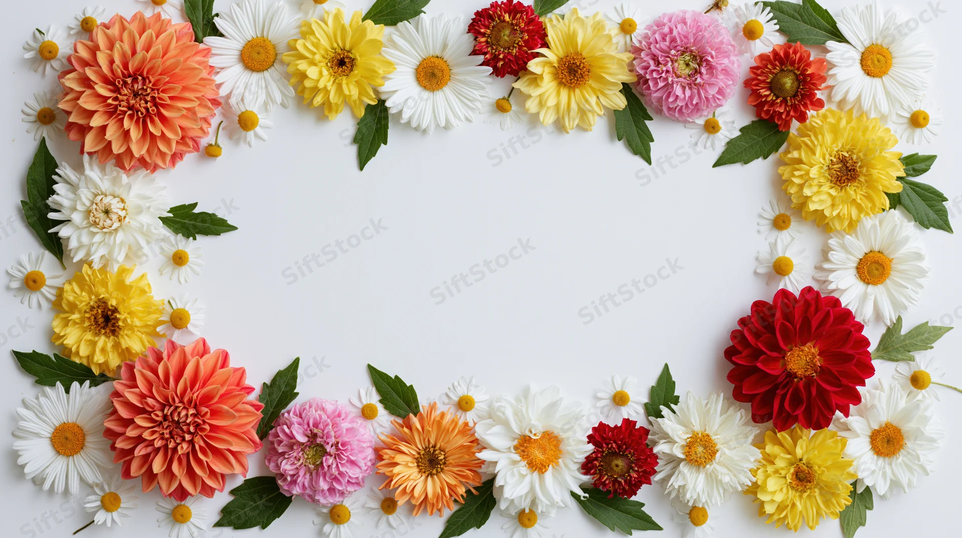 Mixed summer flowers arranged in a rectangular frame on white background with copyspace