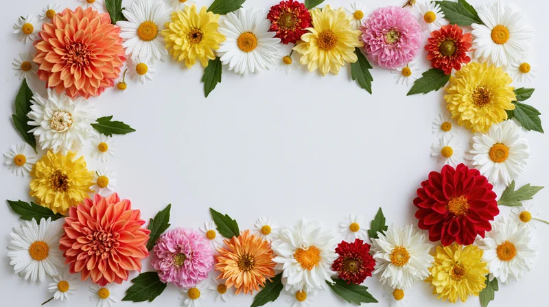 Mixed summer flowers arranged in a rectangular frame on white background with copyspace
