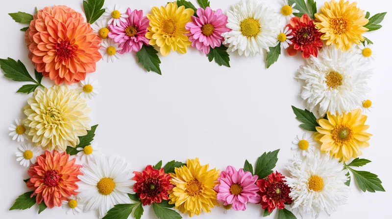 Mixed summer flowers arranged in a rectangular frame on white background with copyspace