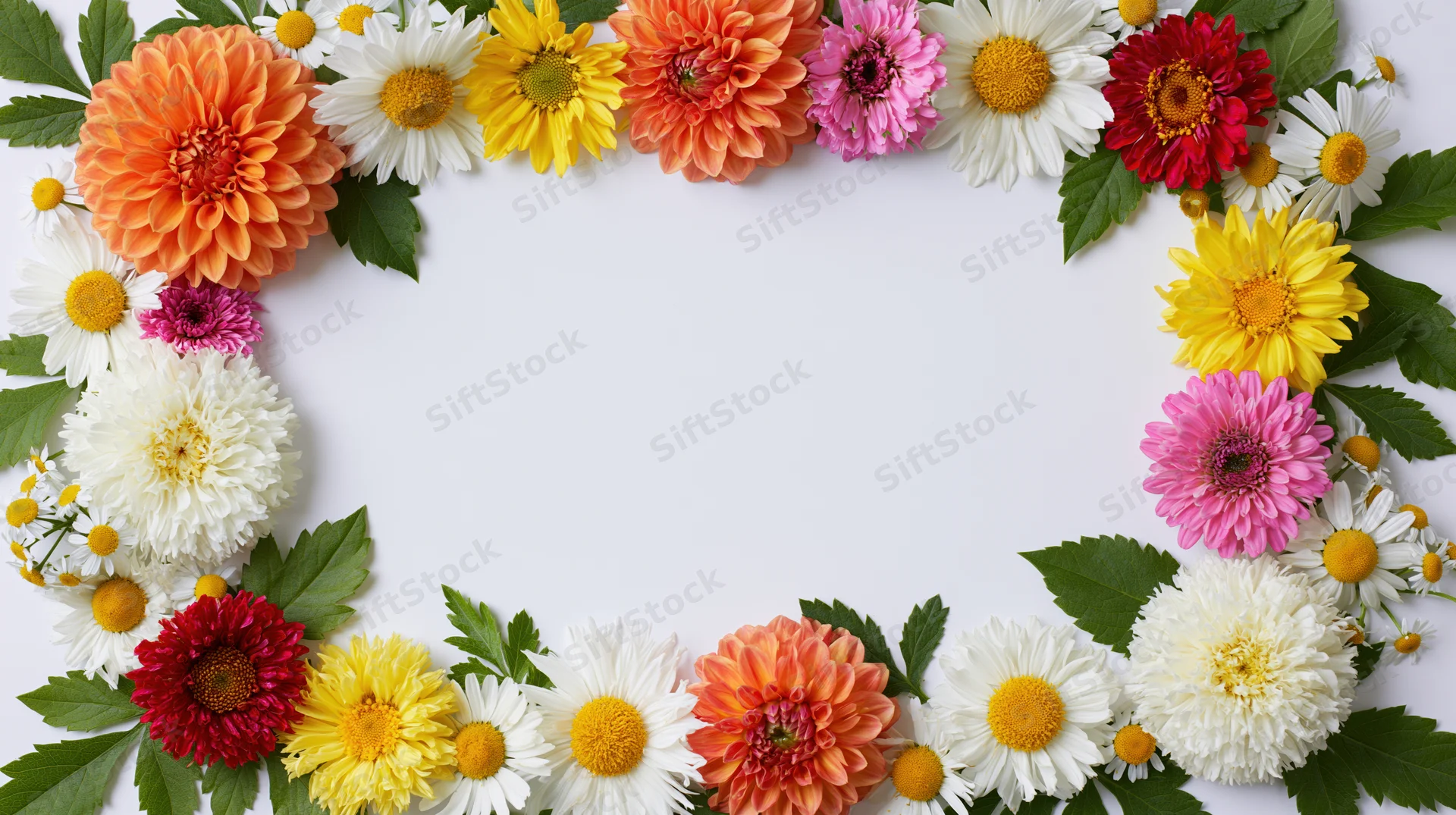 Mixed summer flowers arranged in a rectangular frame on white background with copyspace