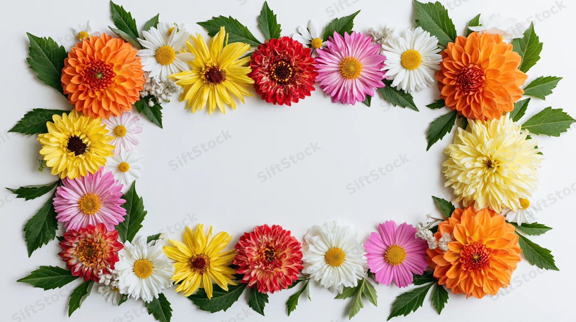 Mixed summer flowers arranged in a rectangular frame on white background with central copyspace