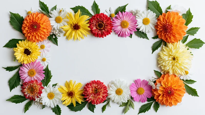 Mixed summer flowers arranged in a rectangular frame on white background with central copyspace