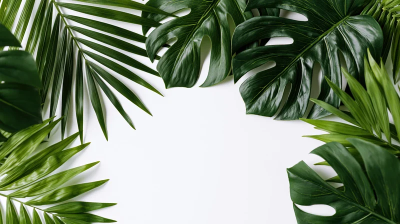 Tropical leaves arranged in a natural border on white background with copyspace