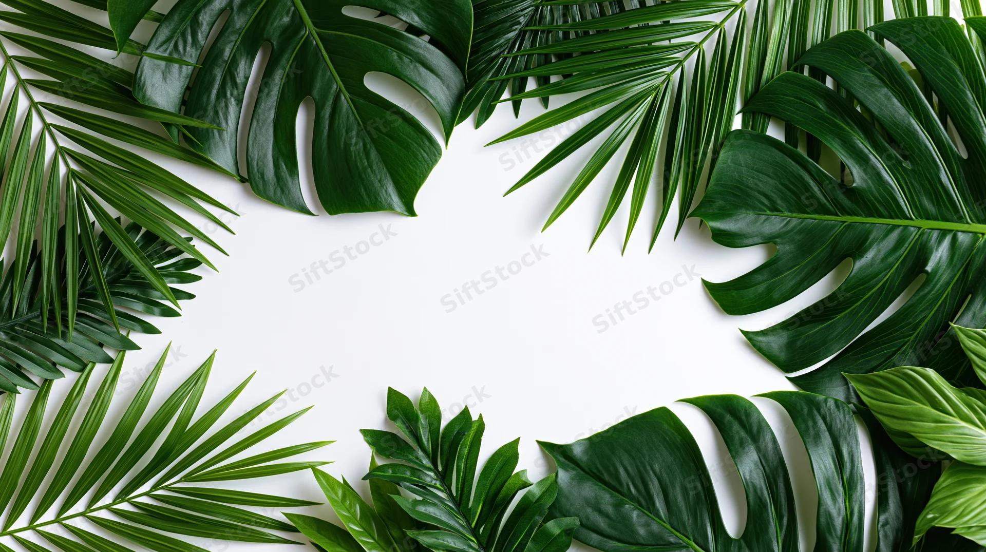Tropical leaves arranged in a natural border frame on white background