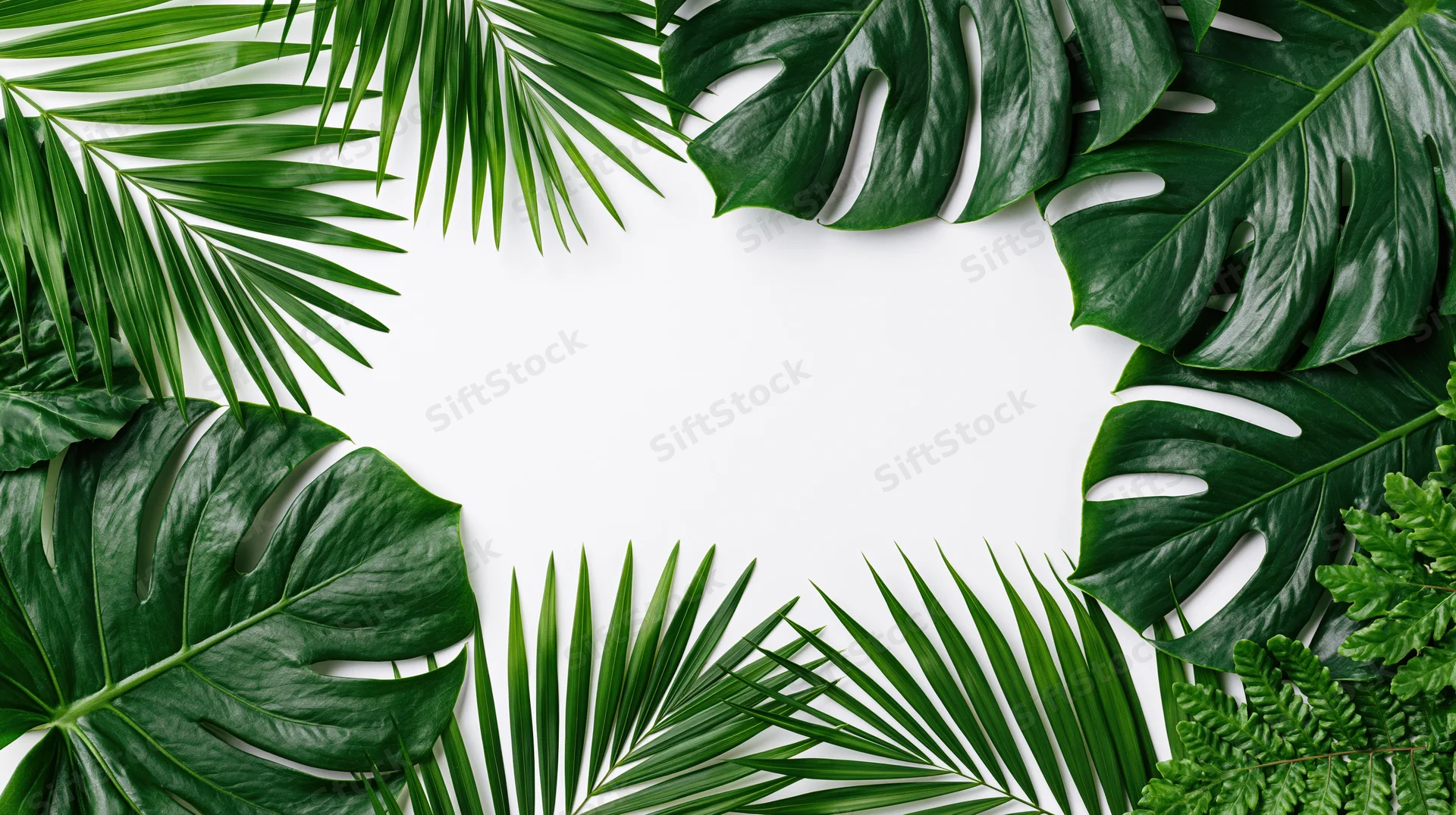 Tropical leaves arranged in a natural frame on white background with copyspace