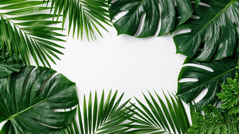 Tropical leaves arranged in a natural frame on white background with copyspace