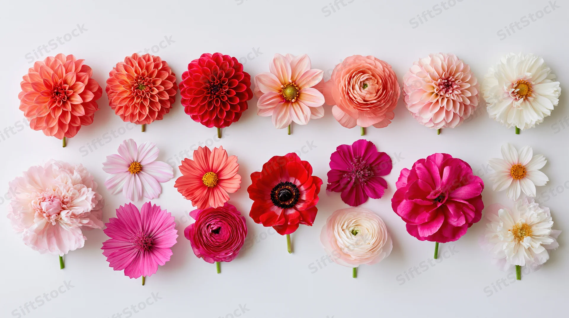 Fifteen cut flowers arranged in rows on white background