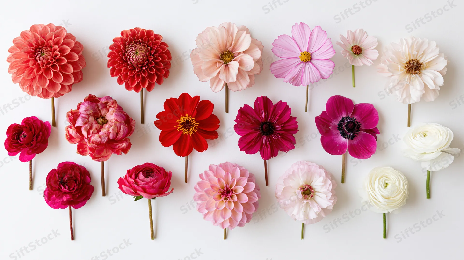 Fifteen cut flowers arranged in rows on white background