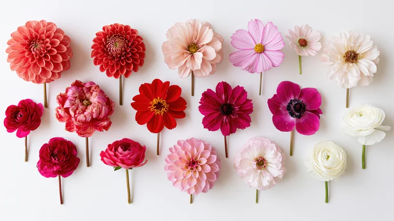 Fifteen cut flowers arranged in rows on white background