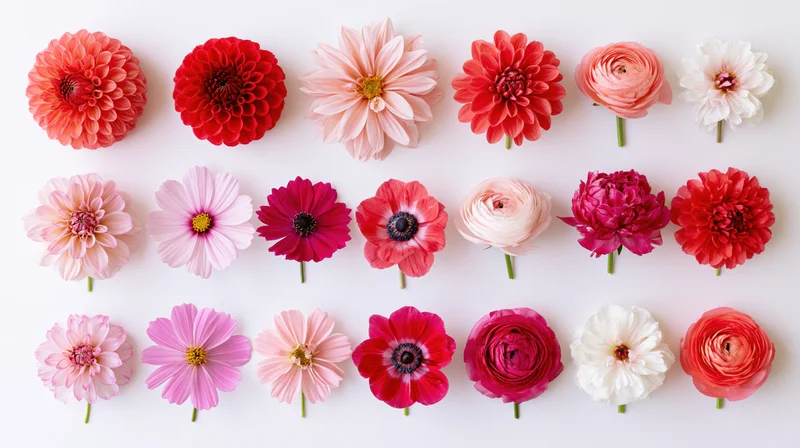 Fifteen cut flowers arranged in three rows on white background