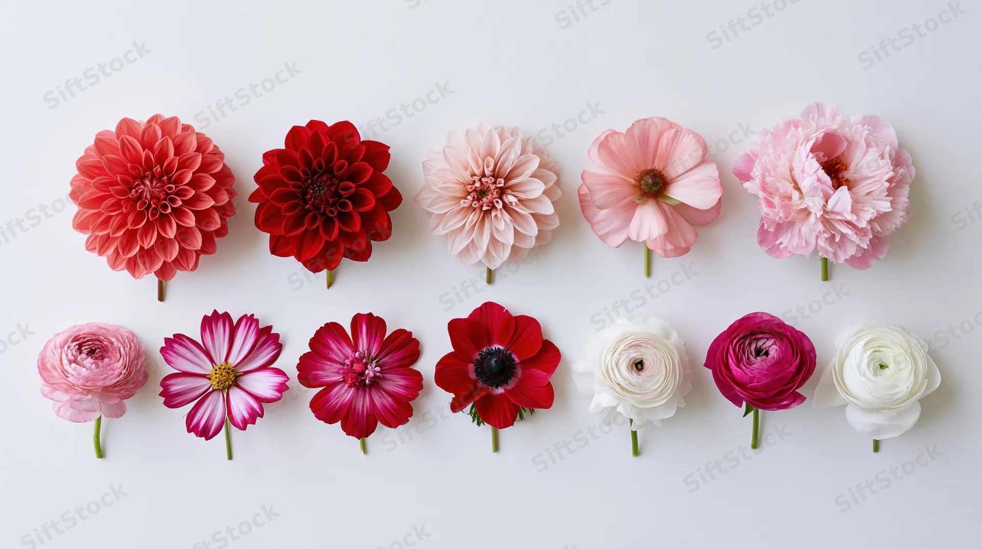 Fifteen cut flowers arranged in two rows on white background