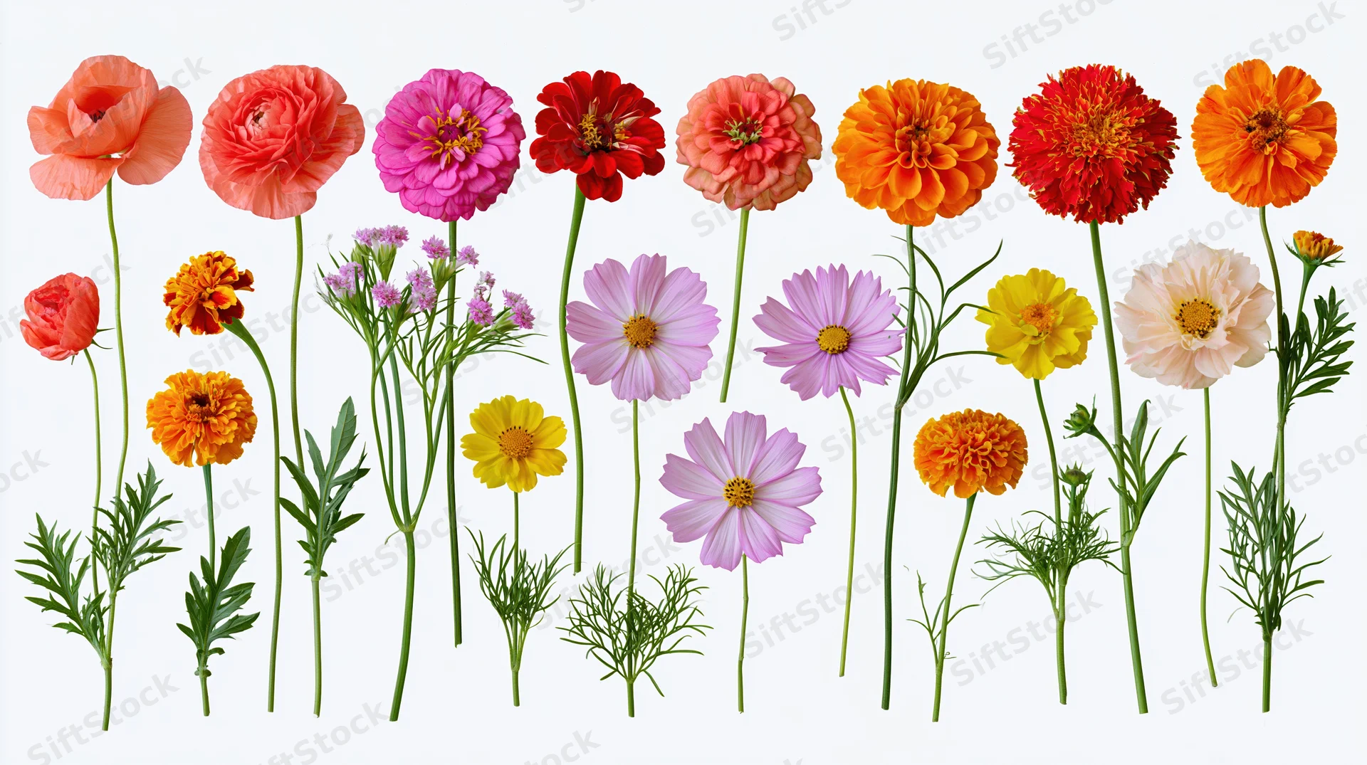 Fourteen individual cut flowers arranged in a row on white background