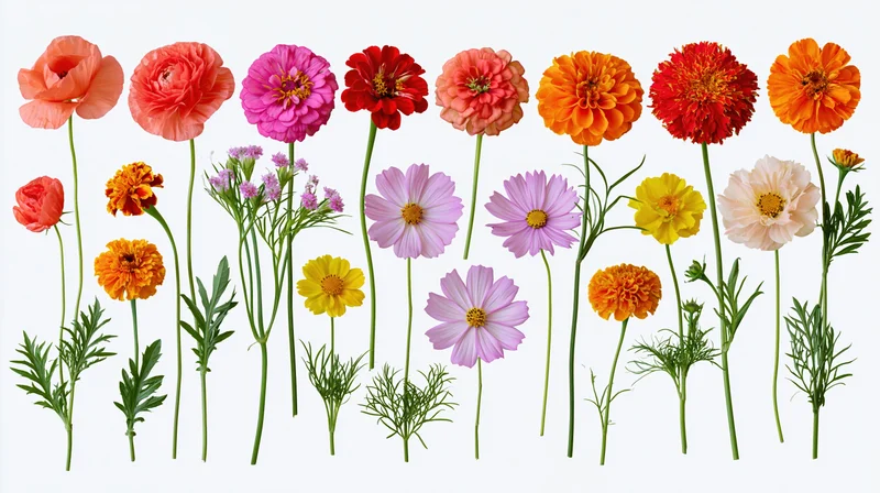 Fourteen individual cut flowers arranged in a row on white background