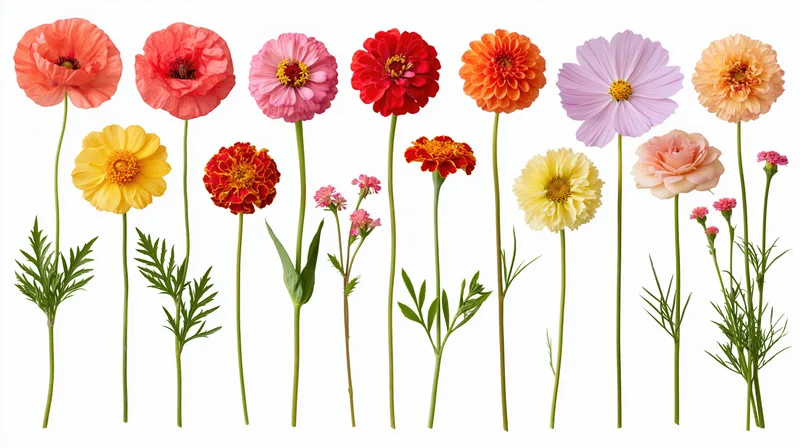 Fourteen individual cut flowers arranged in a row on white background