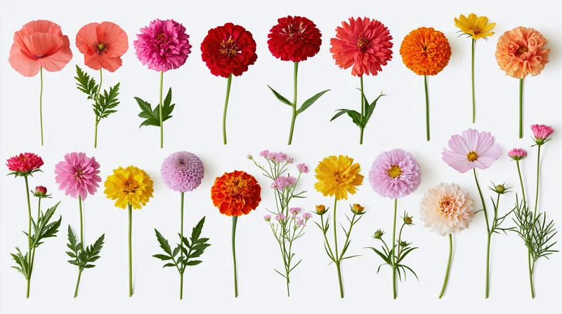 Flat lay of colorful cut flowers arranged in rows on white background