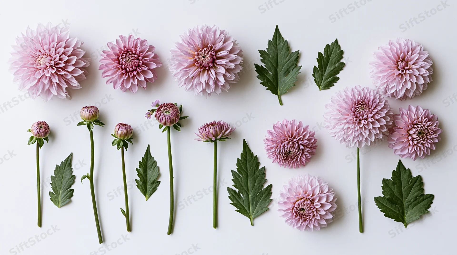 Flat lay of pale pink chrysanthemum flowers and green leaves arranged on white background