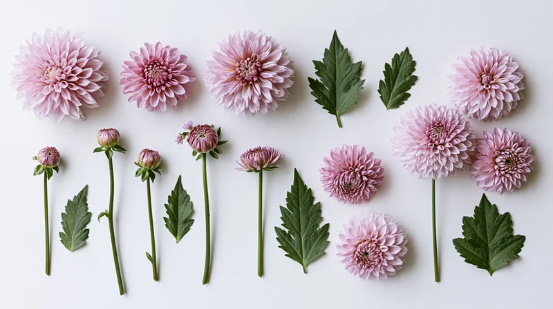 Flat lay of pale pink chrysanthemum flowers and green leaves arranged on white background