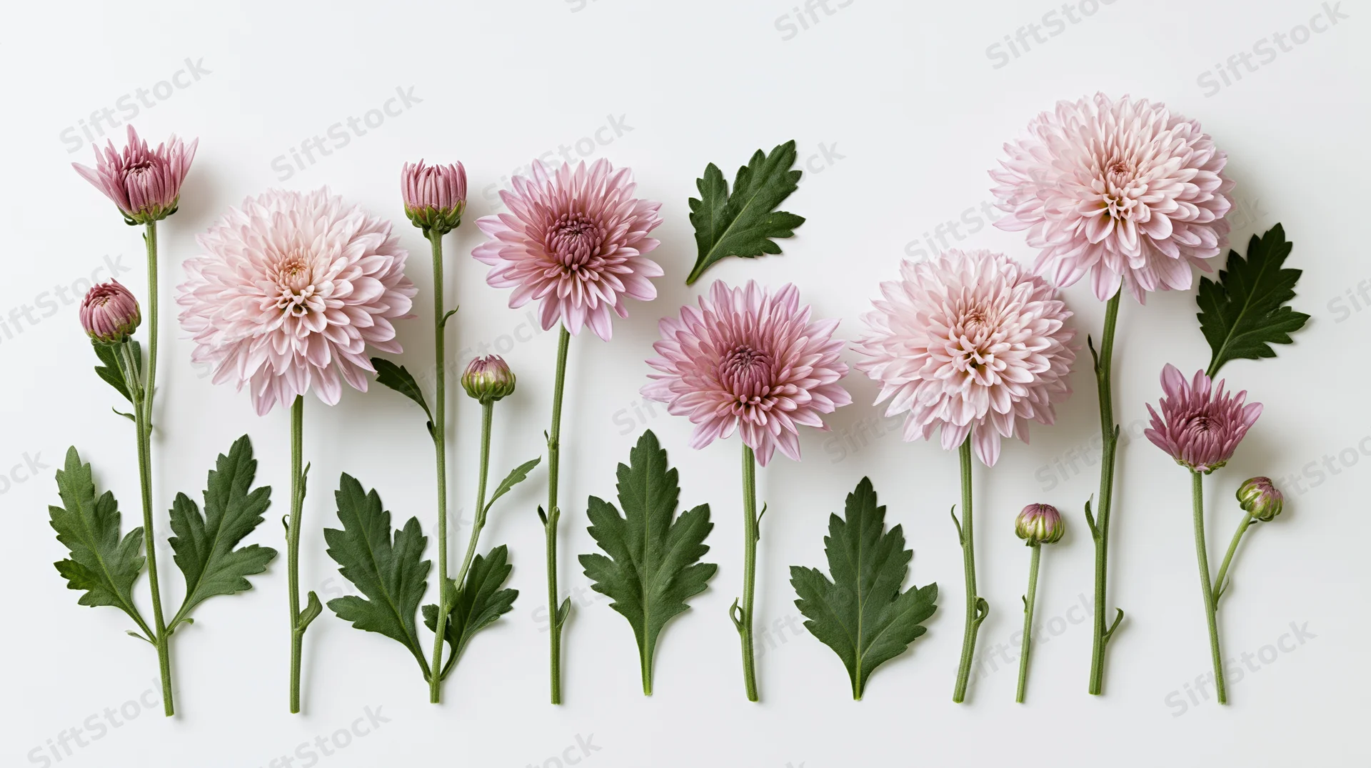 Pale pink chrysanthemum flowers and green leaves arranged in a flat lay on white background