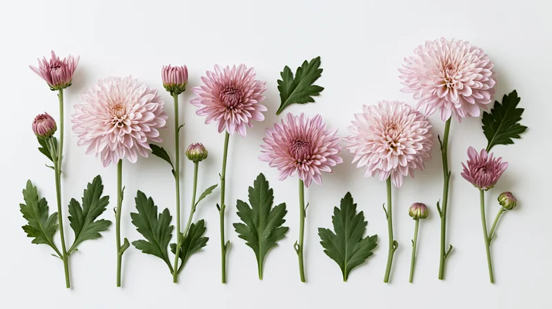 Pale pink chrysanthemum flowers and green leaves arranged in a flat lay on white background