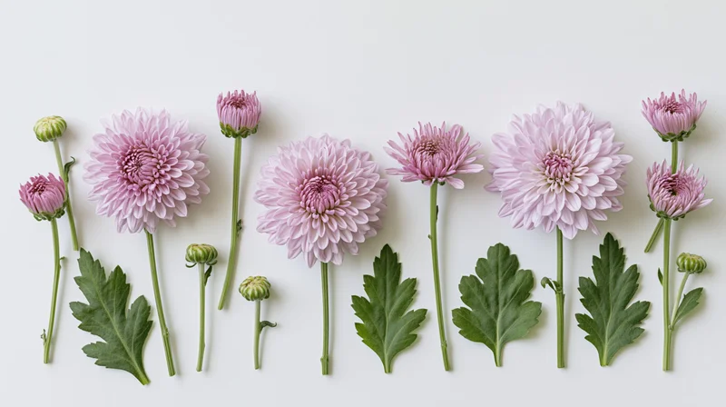 Pale pink chrysanthemum flowers and green leaves arranged in a flat lay on white background