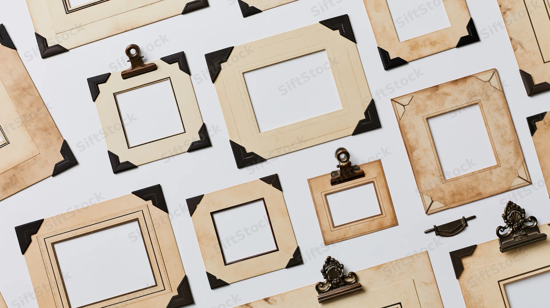 Vintage paper photo mounts arranged in flat lay on white surface with clips and corners