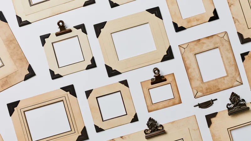 Vintage paper photo mounts arranged in flat lay on white surface with clips and corners