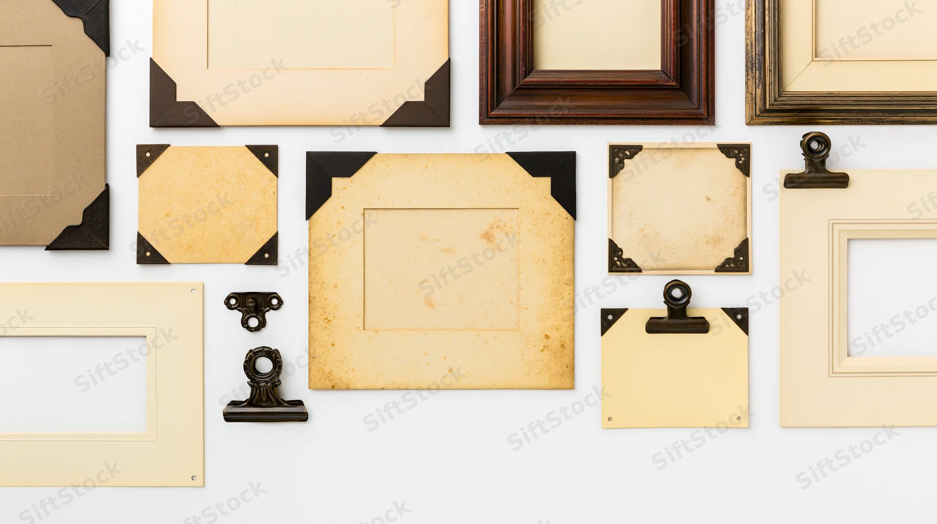 Vintage photo mounts and frames arranged in flat lay on white surface