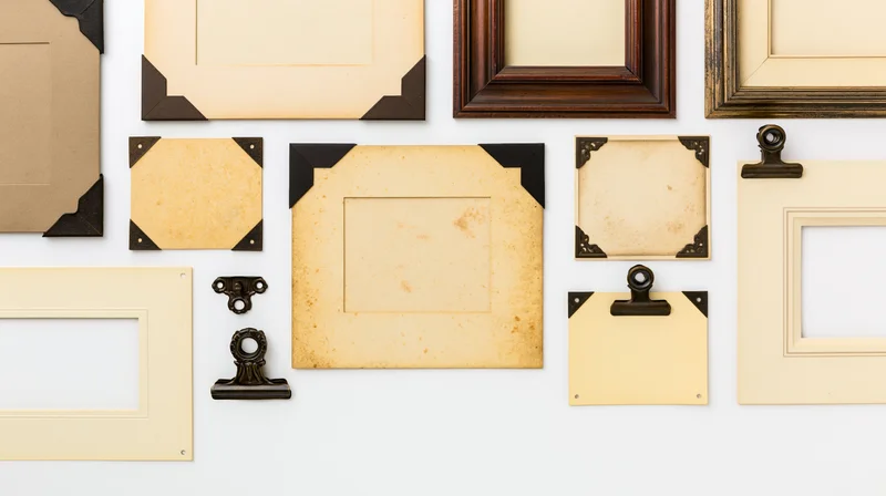 Vintage photo mounts and frames arranged in flat lay on white surface