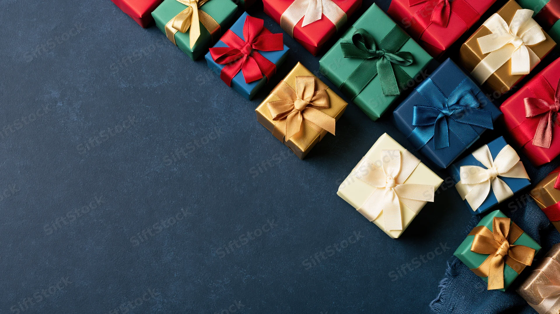 Assorted wrapped gift boxes arranged diagonally along the right side of a dark surface with copyspace on the left