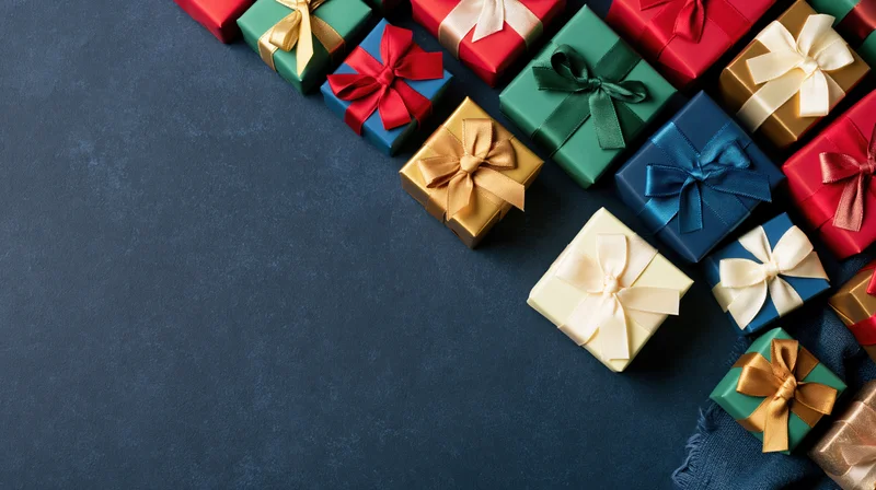 Assorted wrapped gift boxes arranged diagonally along the right side of a dark surface with copyspace on the left