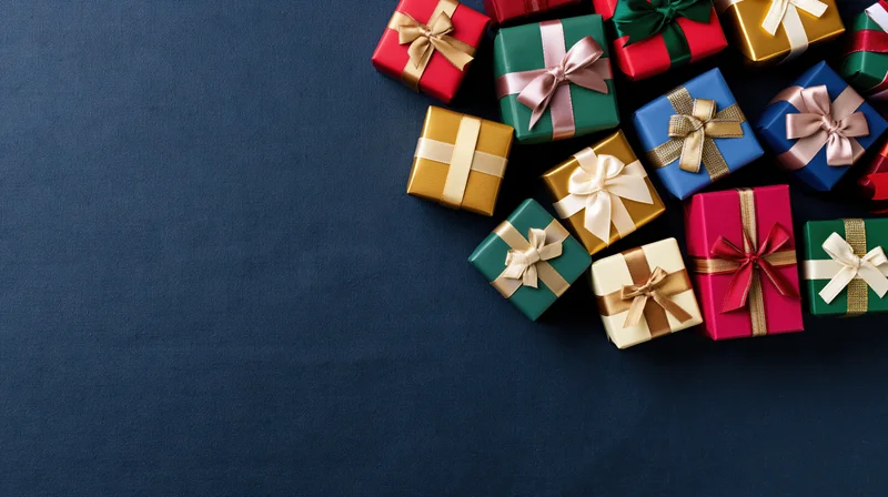 Assorted wrapped gift boxes arranged along the right side on dark blue surface
