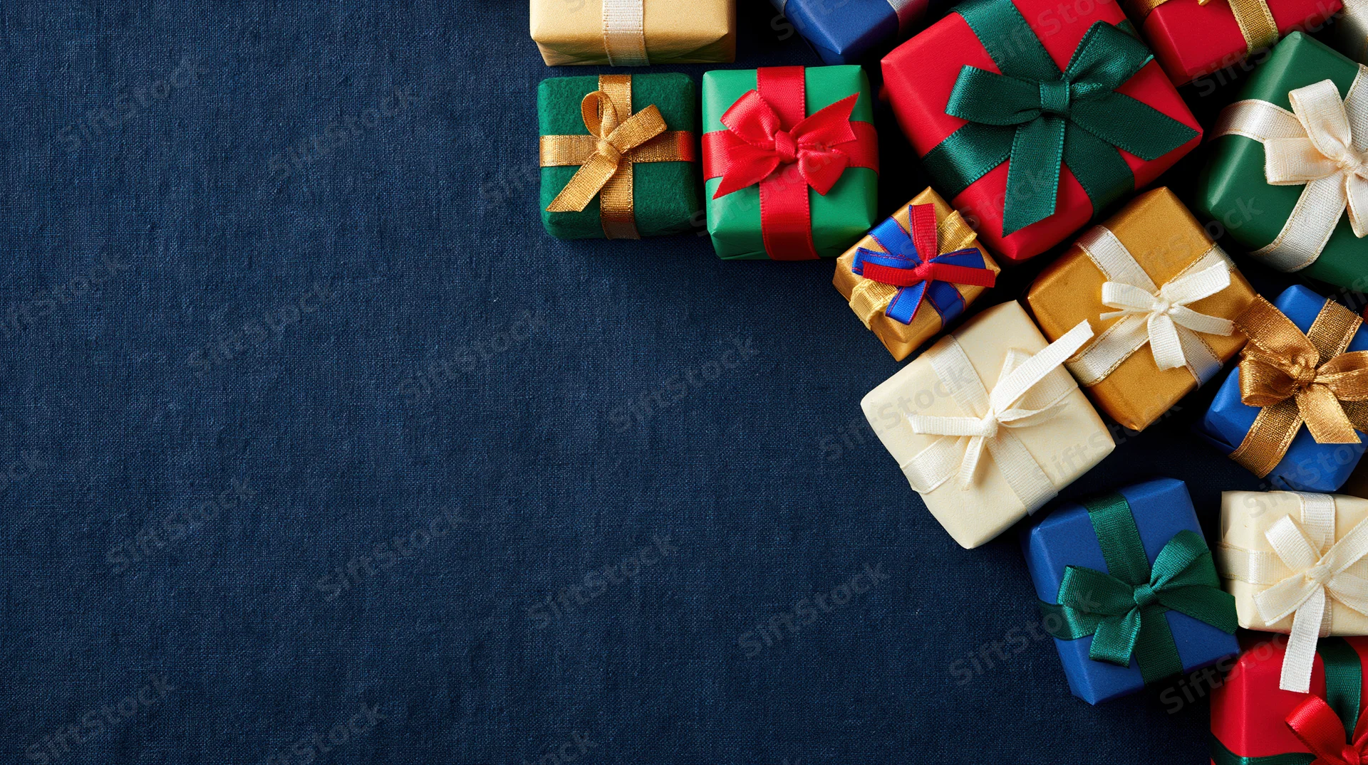 Assorted wrapped gift boxes arranged along the right side on a navy fabric background