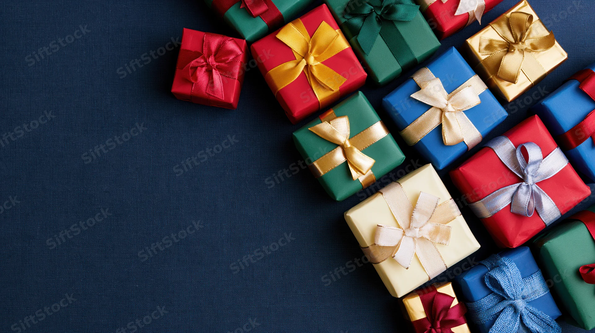 Assorted wrapped gift boxes arranged diagonally along the right side of a dark blue fabric surface