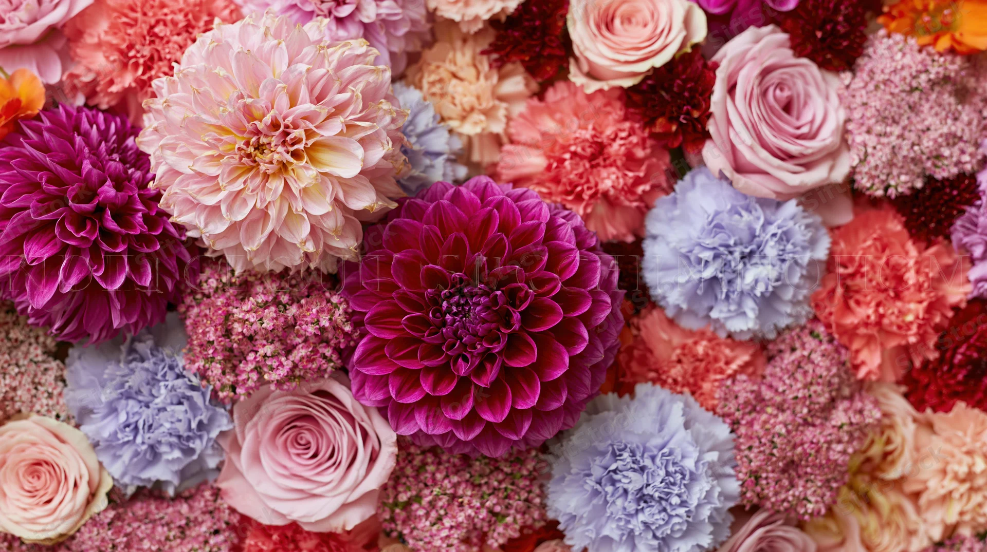Densely packed mixed cut flowers in vibrant pastel and bold colors arranged in flat lay view