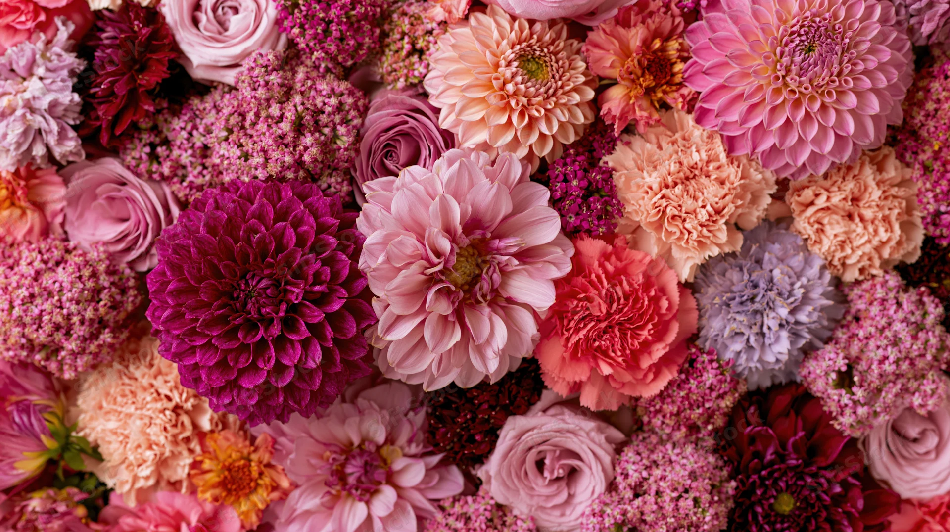 Densely packed mixed cut flowers in shades of pink, purple, red and peach arranged in a flat lay view