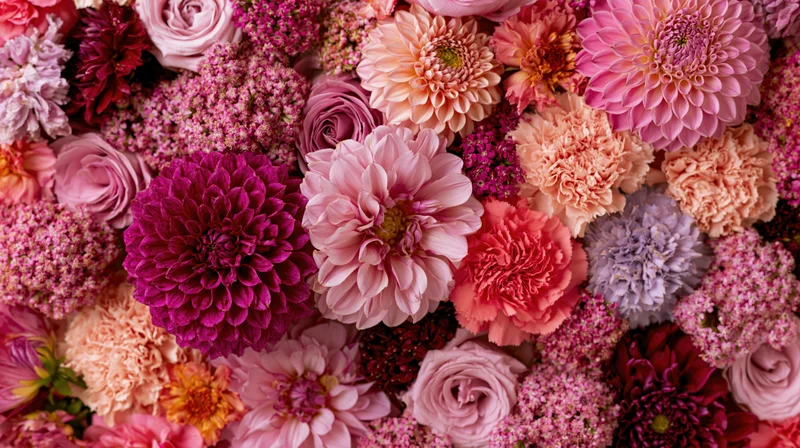 Densely packed mixed cut flowers in shades of pink, purple, red and peach arranged in a flat lay view