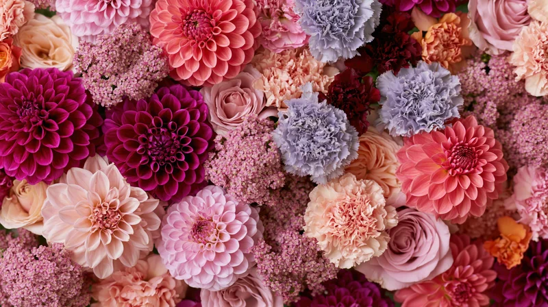 Densely packed mixed cut flowers in shades of pink, purple, peach and cream arranged in a flat lay view
