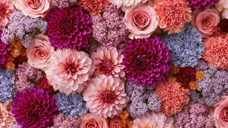 Densely packed mixed cut flowers in vibrant colors arranged flat for top view display