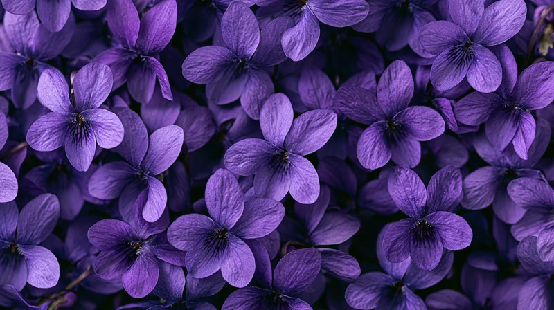 Densely packed purple violet flowers in a flat lay arrangement