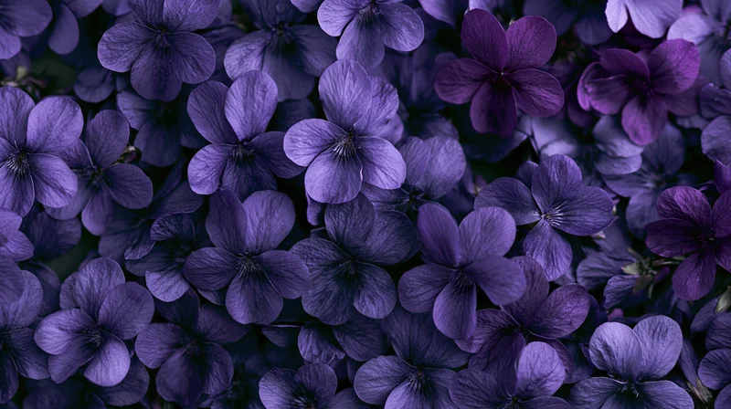 Densely packed purple violet flowers filling the frame in a flat lay arrangement