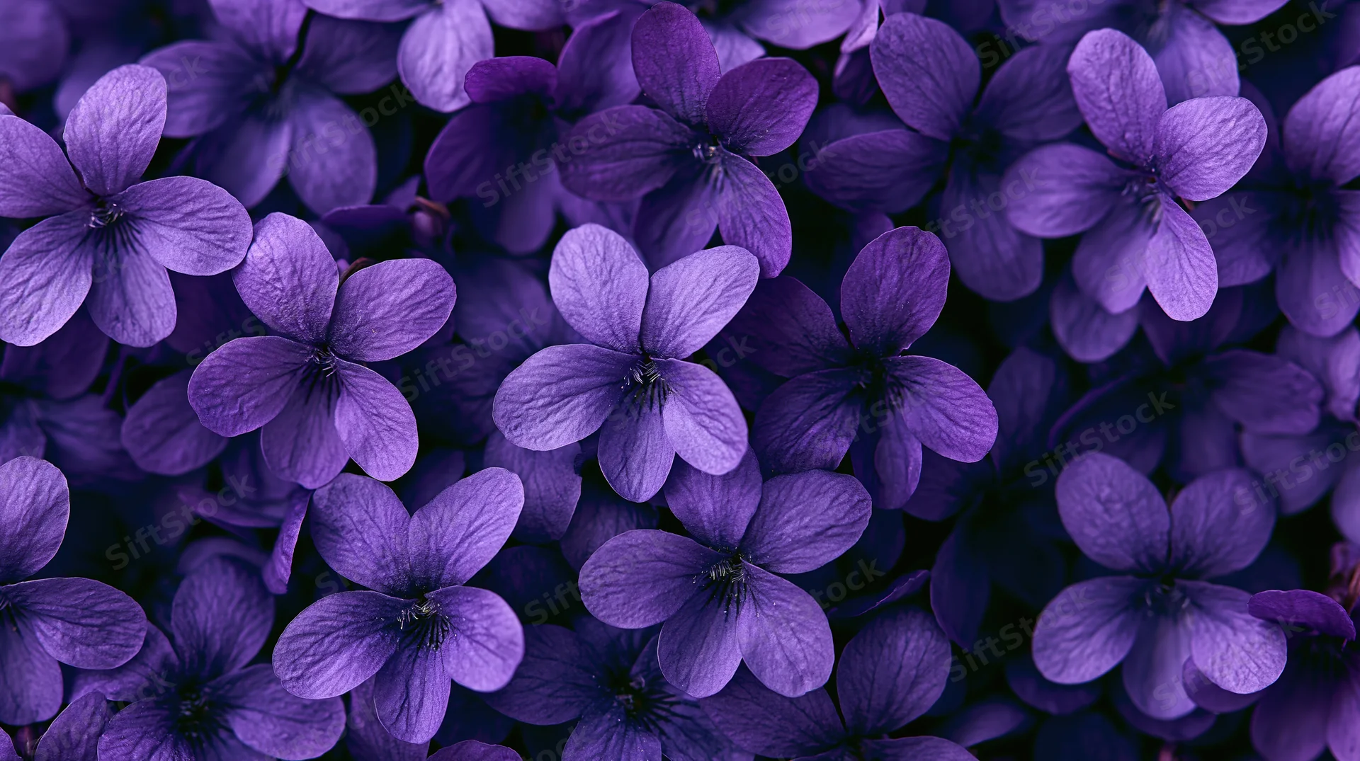 Densely packed purple violet flowers in a flat lay arrangement filling the frame