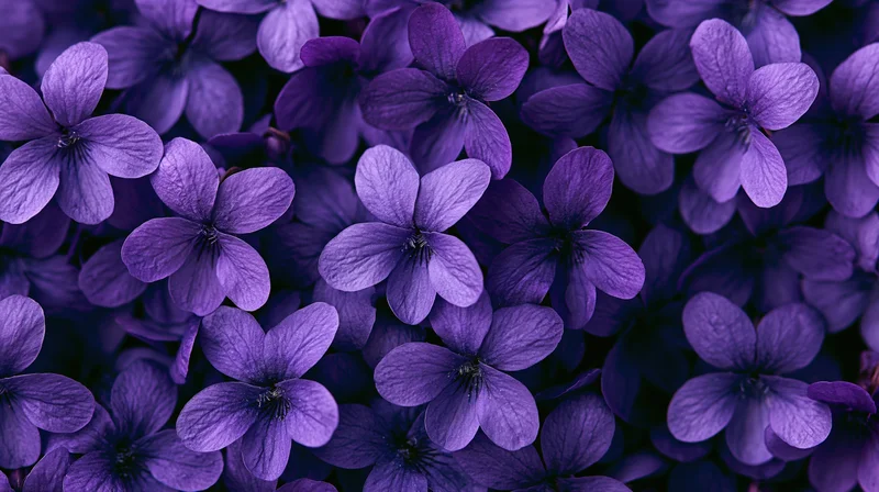 Densely packed purple violet flowers in a flat lay arrangement filling the frame