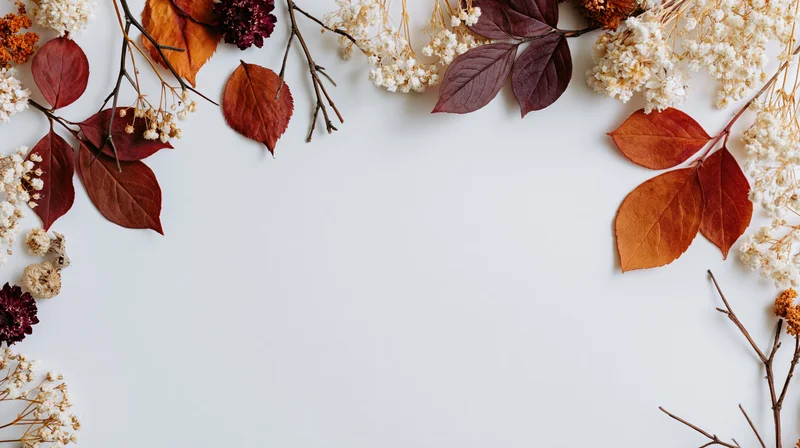 Dried autumn botanicals arranged as a border frame on white surface