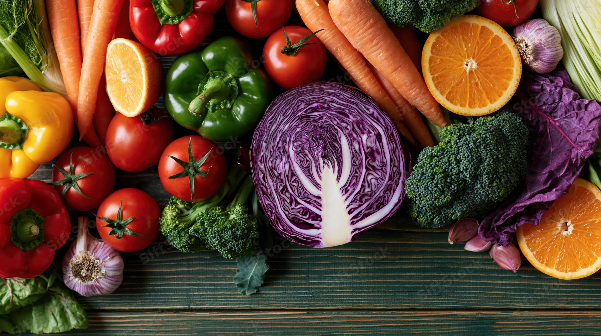 Fresh vegetables and fruits arranged in a flat lay on a wooden surface