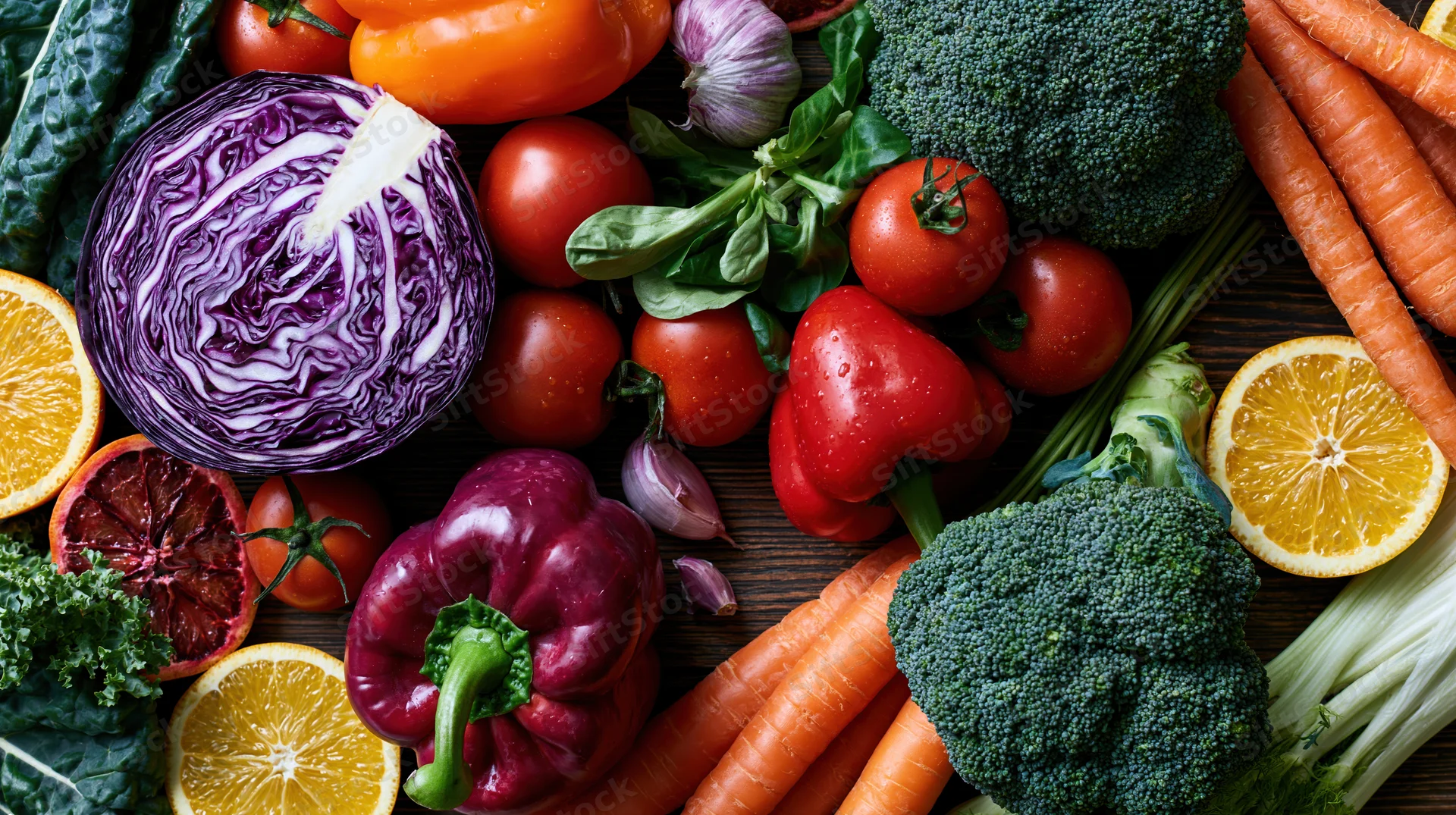 Fresh vegetables and fruits arranged in a flat lay on a wooden surface