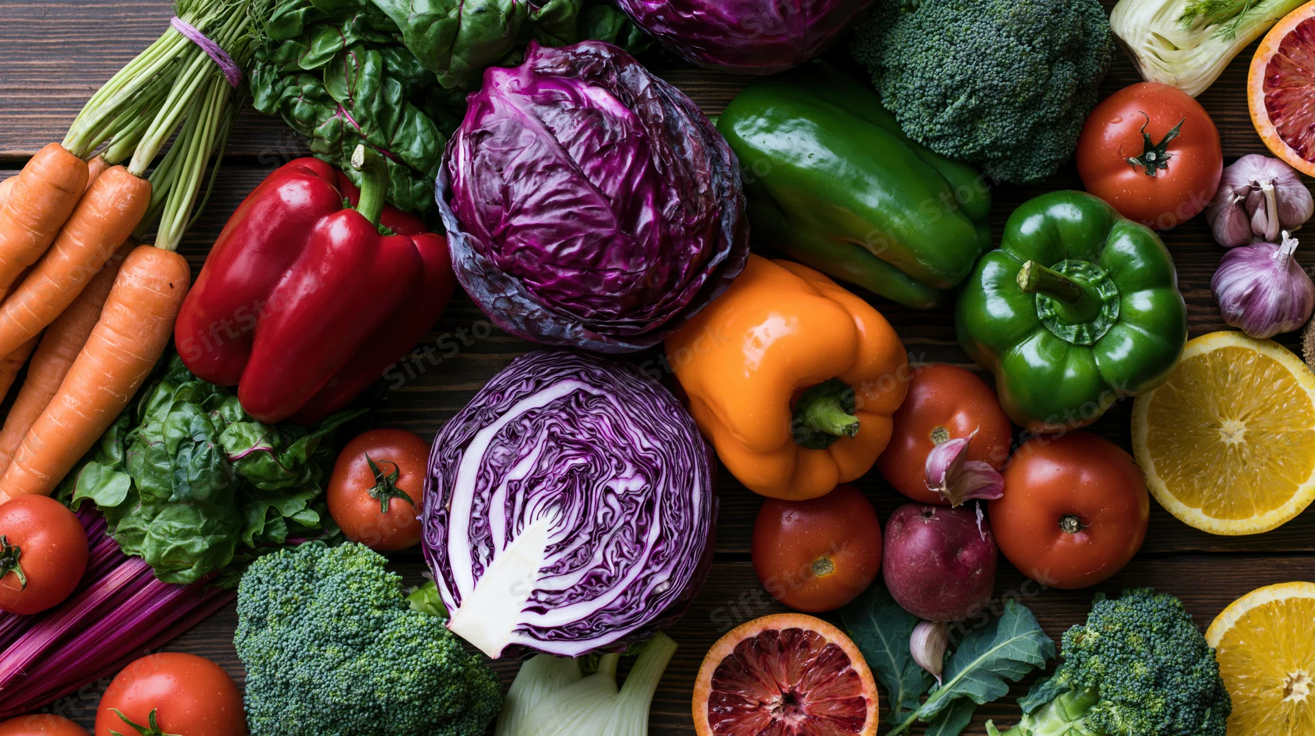 Fresh vegetables and fruits arranged in a flat lay on dark wood surface