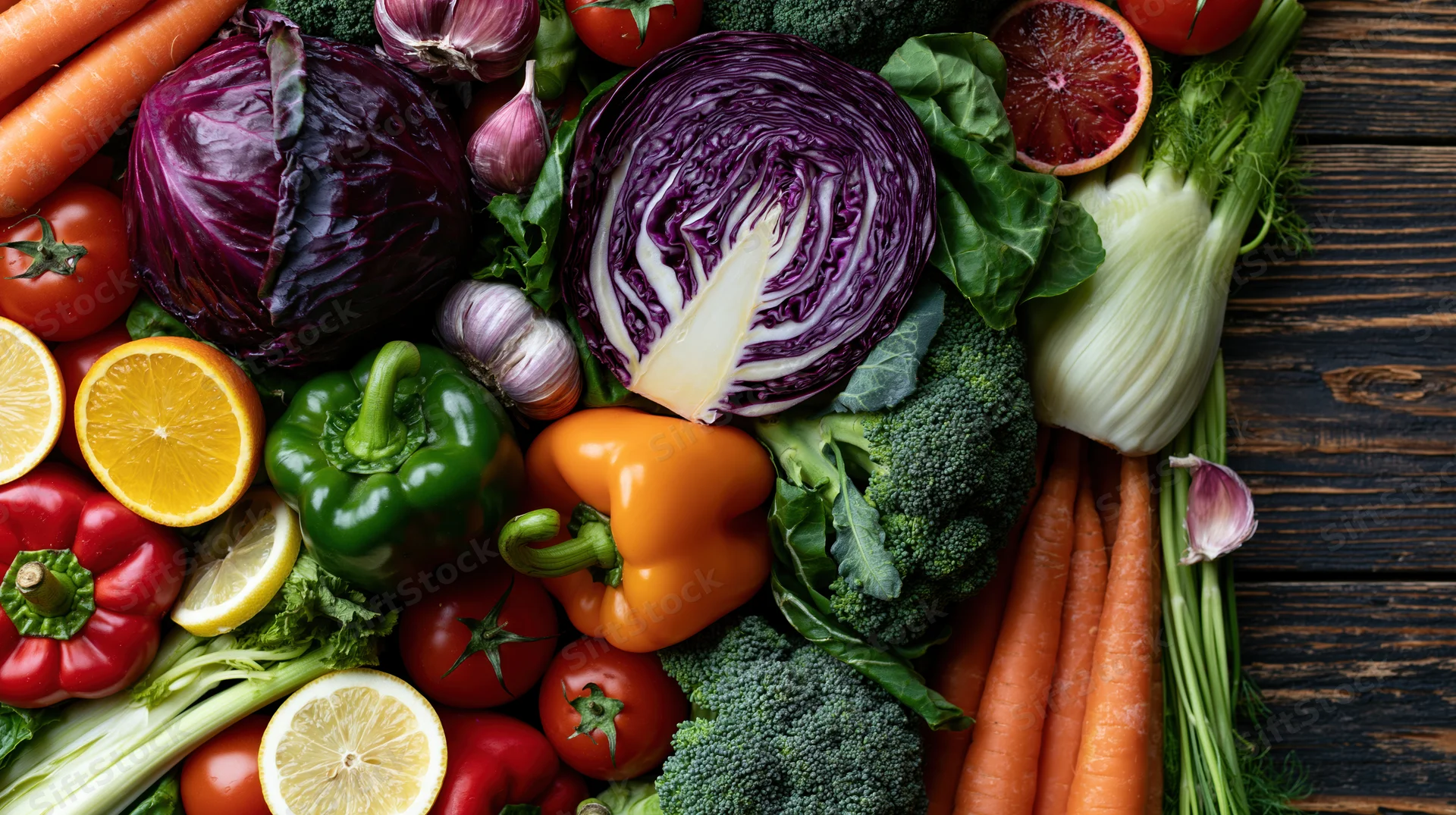 Fresh vegetables and fruits arranged in a flat lay on dark wooden surface with copyspace on the right