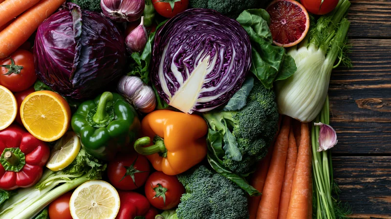 Fresh vegetables and fruits arranged in a flat lay on dark wooden surface with copyspace on the right