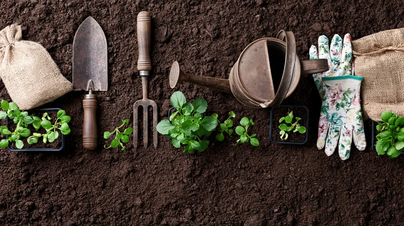 Gardening tools and seedlings arranged on soil in a flat lay with copyspace below